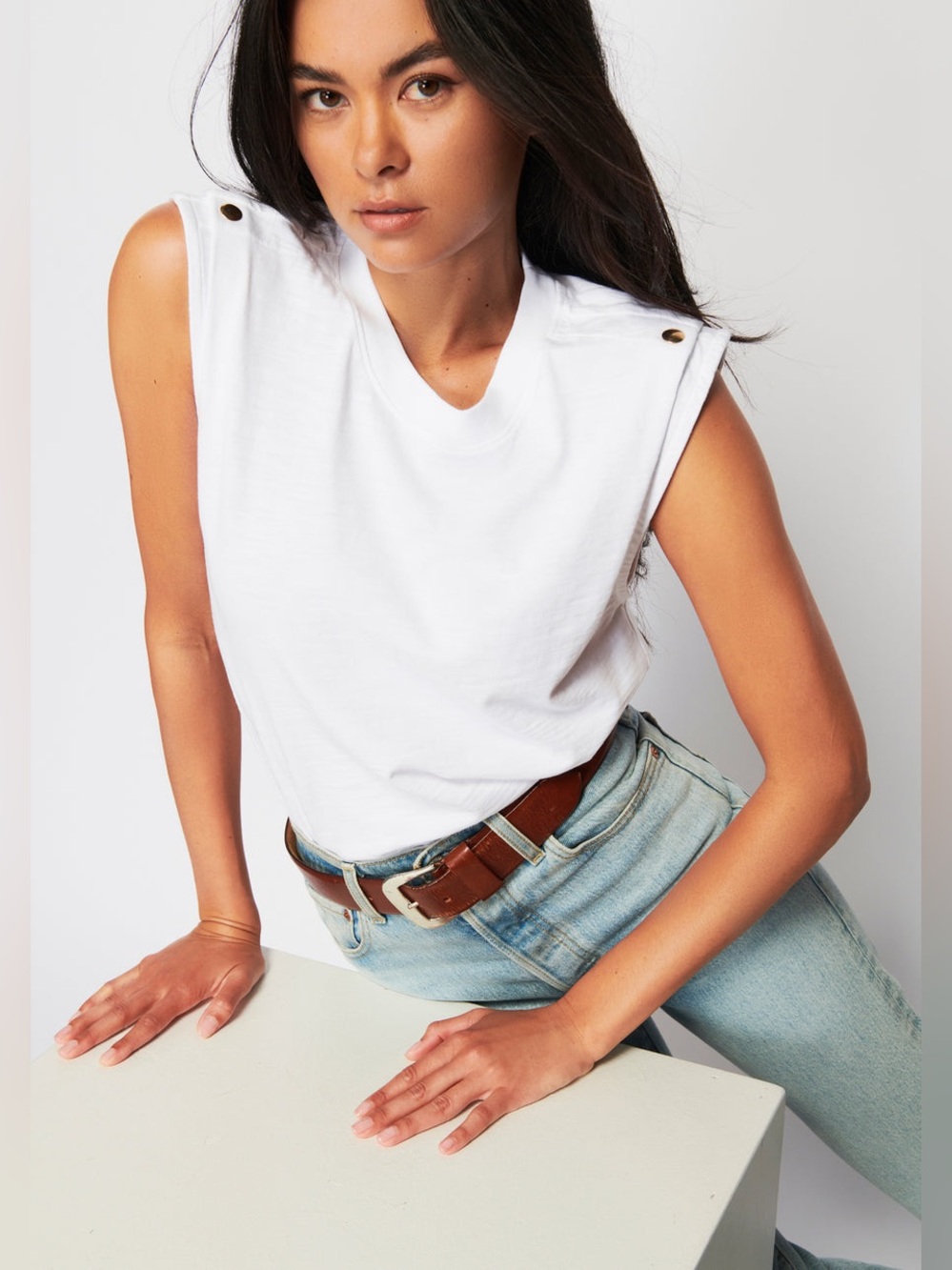 National LTD | Marina Muscle Tee w/ Shoulder Button | Optic White | Women’s XL